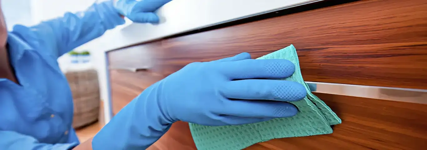Cleaner wearing blue gloves wiping a wooden cabinet drawer with a microfiber cloth for dust and grime removal, Fort Worth, TX.