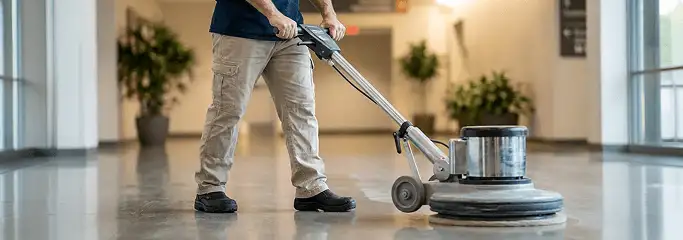 Professional technician using an industrial floor buffer to polish and maintain shiny commercial flooring in a corporate hallway in Fort Worth, TX.