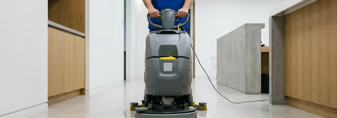 Janitorial staff using a floor scrubber machine to clean a commercial hallway, Fort Worth, TX.