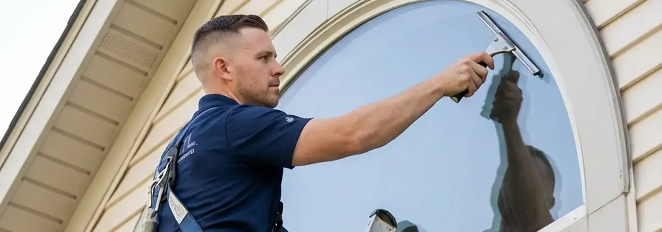 Professional window cleaner using a squeegee to clean an exterior arched window on a home, Fort Worth, TX.