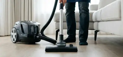 Professional house cleaner vacuuming a living room floor with a canister vacuum cleaner, Fort Worth, TX.