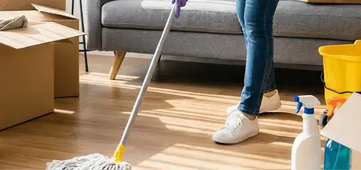 Move-out cleaning setup with a cleaner mopping hardwood floors near moving boxes and cleaning supplies, Fort Worth, TX.