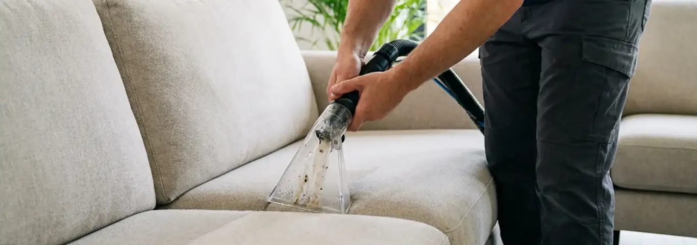 Technician extracting dirt and moisture from a fabric sofa with an upholstery cleaning wand, Fort Worth, TX.
