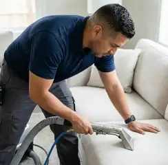 Professional upholstery cleaning technician using an extraction wand to deep-clean a fabric sofa, Fort Worth, TX.