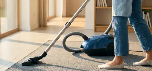 Person vacuuming a living room rug with a canister vacuum cleaner near large windows, Fort Worth, TX.